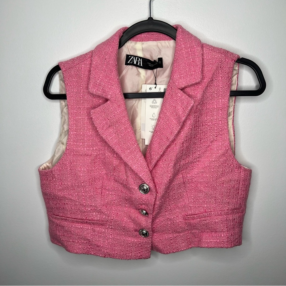 NWT ZARA Pink Textured Tweed Vest Button Medium